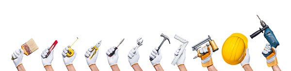 a row of hands holding various construction tools