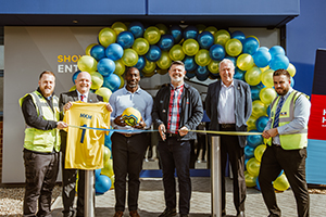 Football legends officially open MKM Aldershot - Left to Right - Luke James, Mark Butler, Football legend Jimmy Floyd Hasselbaink, John Carpenter, Martin Tyler, and Matthew Ince - opening of MKM Aldershot