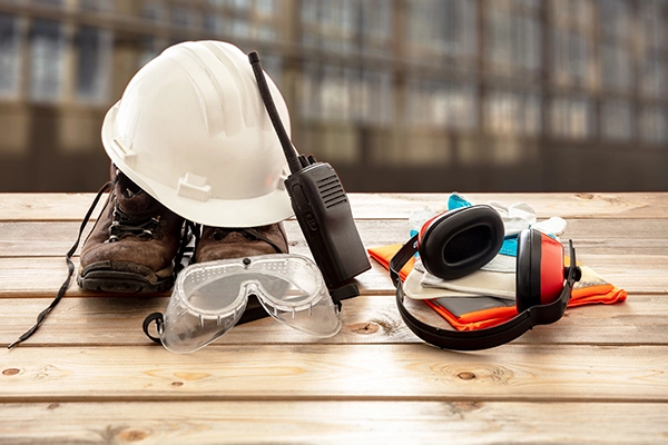 Safety Boots with helmet, walkie talkie, ear protectors and goggles