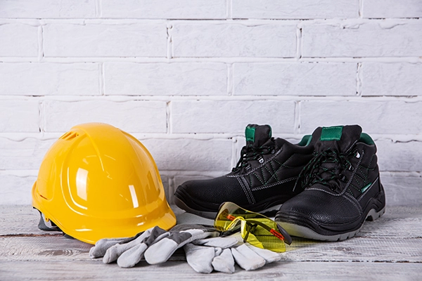 Safety boots with safety helmet and gloves