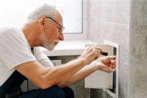 An electrician completing an EICR report.